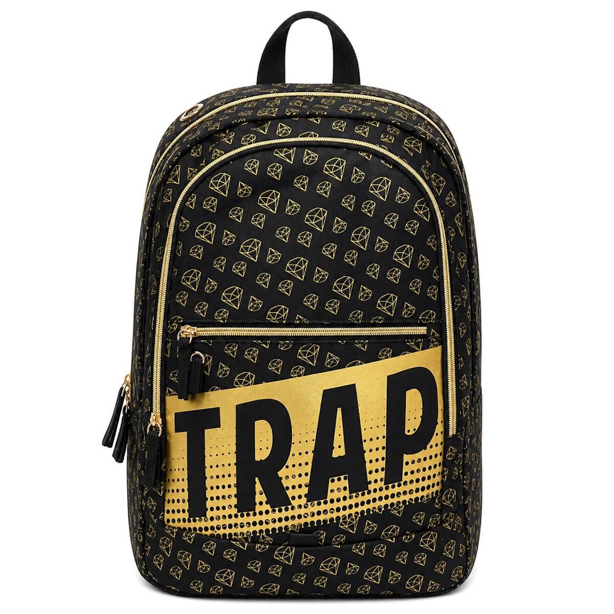 Zaino GoPop Trap visto di fronte, tasca anteriore oro con scritta Trap