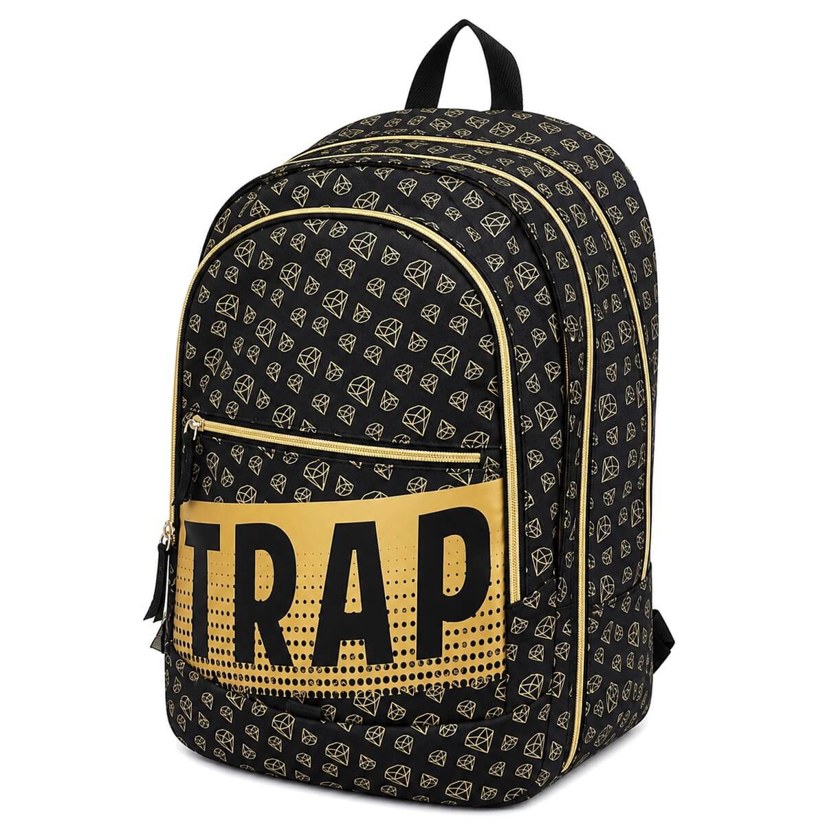 Zaino GoPop Trap di tre quarti con i tre scomparti a cerniera dorata