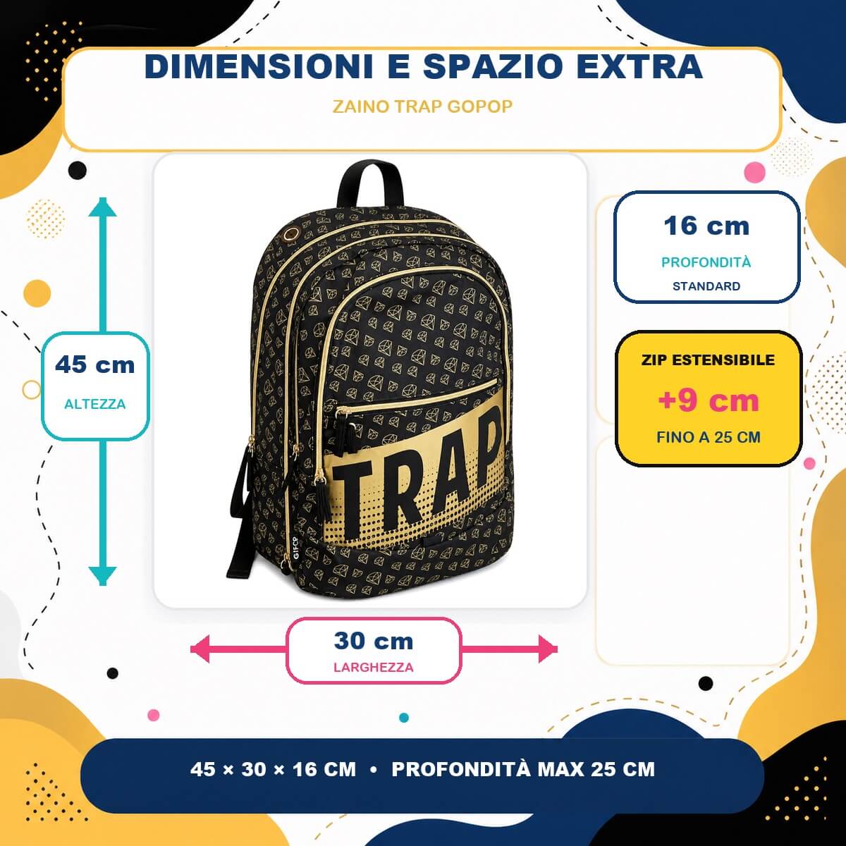Misure dello zaino GoPop Trap: 45 x 30 x 16 cm, profondità fino a 25 cm