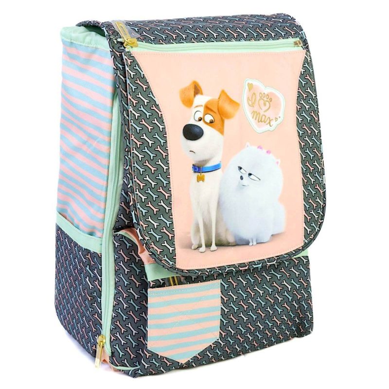 Zaino estensibile Twirl Pets con Max e Gidget sulla patta, vista di tre quarti