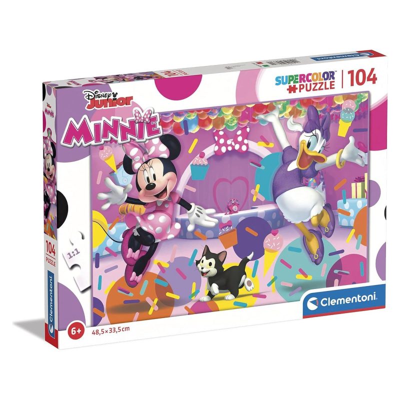 Confezione del puzzle Minnie 104 pezzi Clementoni Supercolor con Minnie, Paperina e il gattino Figaro alla festa