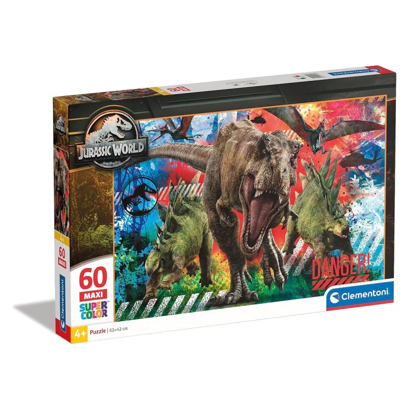 Confezione del puzzle Jurassic World 60 pezzi maxi Clementoni Supercolor con T-Rex e Stegosauri