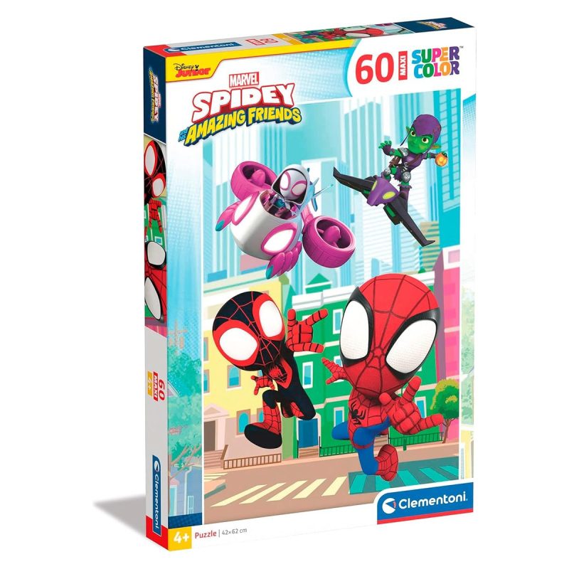Confezione del puzzle Spidey 60 pezzi maxi Clementoni Supercolor con Spidey, Miles e Ghost-Spider