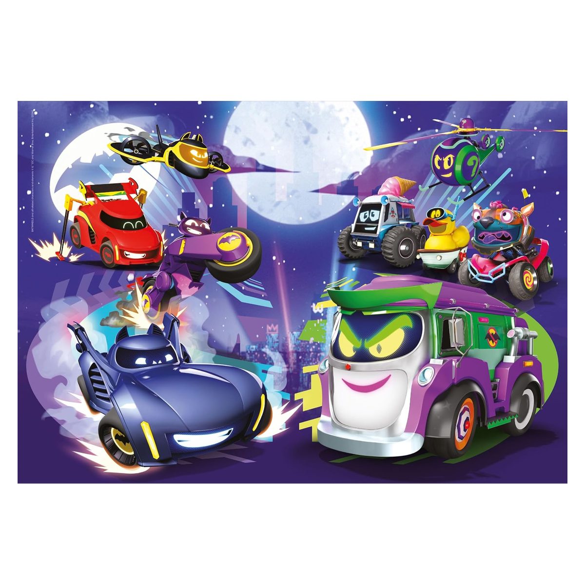 Immagine completa del puzzle Batwheels 60 pezzi maxi con Batmobile, jet e veicoli nella notte di Gotham