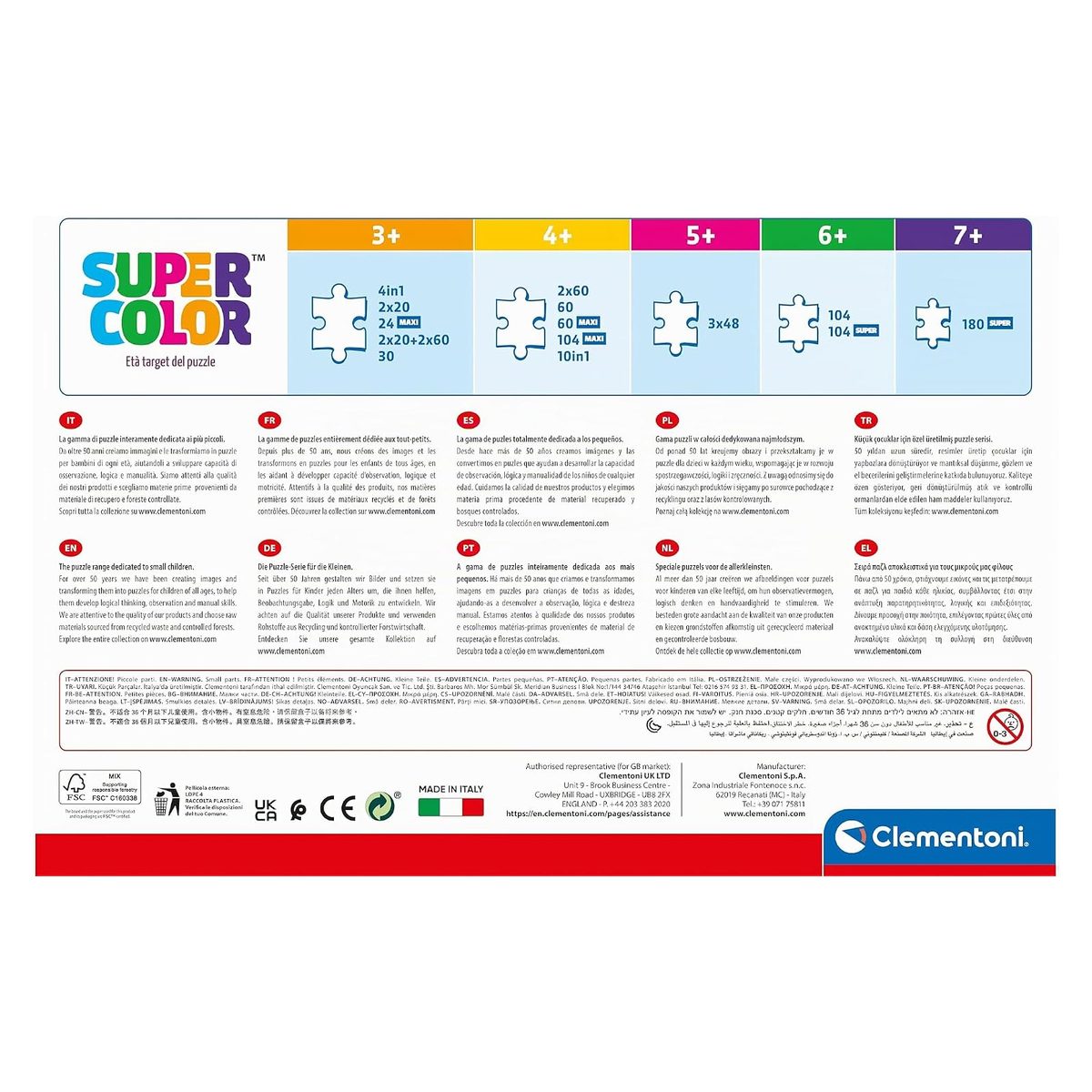 Retro della confezione del puzzle Clementoni Supercolor con schema delle età, marchio CE, FSC e Made in Italy