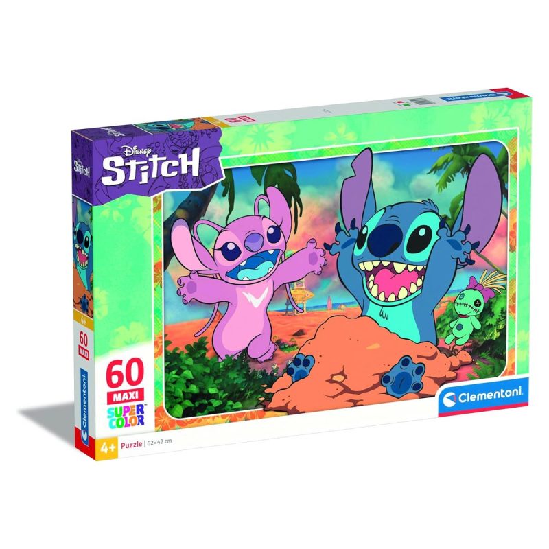 Confezione del puzzle Stitch 60 pezzi maxi Clementoni Supercolor con Stitch e Angel sulla spiaggia