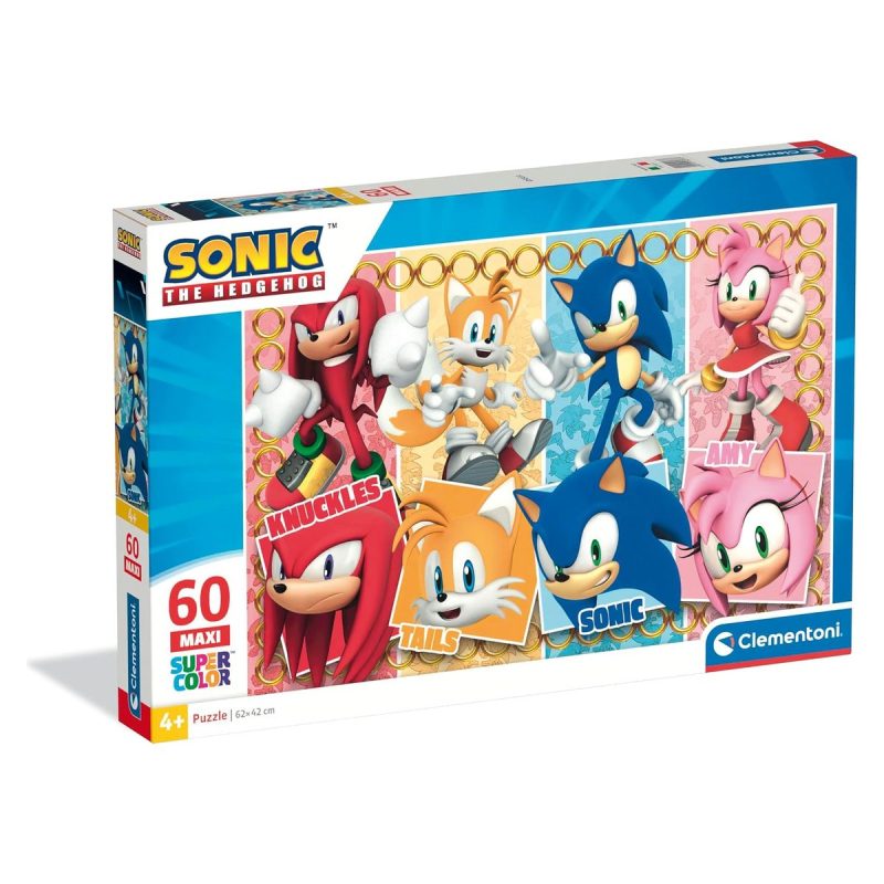 Confezione del puzzle Sonic 60 pezzi maxi Clementoni Supercolor con Sonic, Tails, Knuckles e Amy