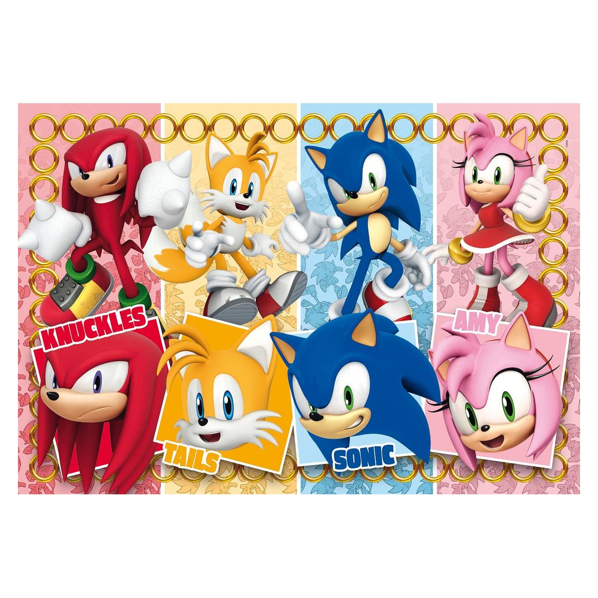Immagine completa del puzzle Sonic 60 pezzi maxi con Knuckles, Tails, Sonic e Amy su fasce colorate