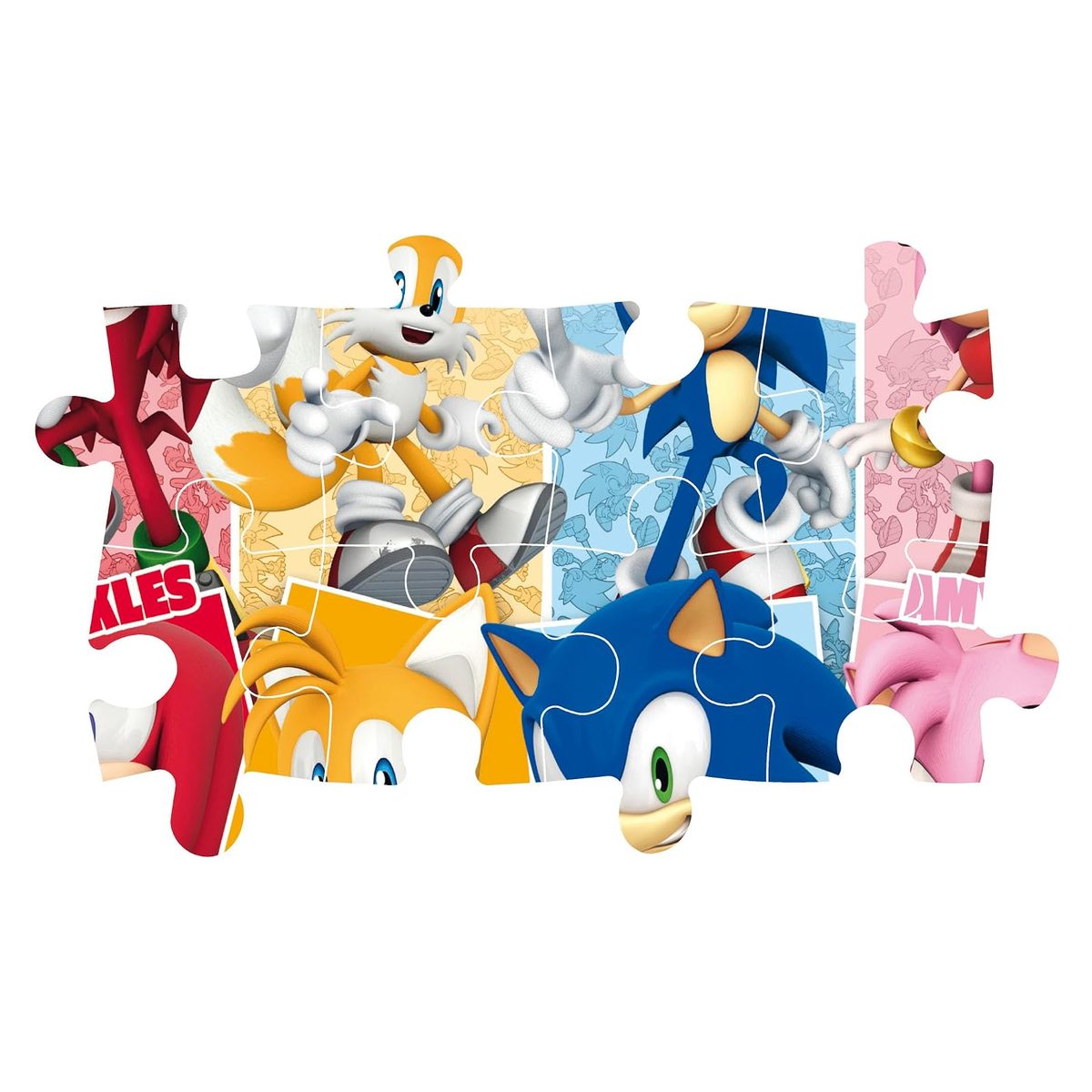 Dettaglio delle tessere maxi del puzzle Sonic Clementoni con gli incastri grandi di Tails e Sonic