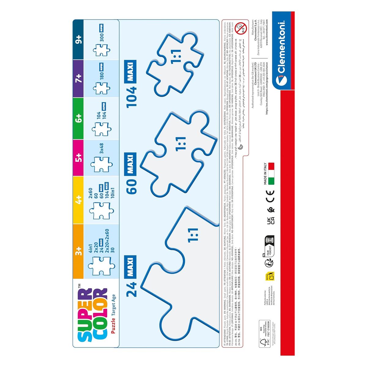Retro della confezione del puzzle Clementoni Supercolor con schema dei formati maxi, marchio CE e Made in Italy