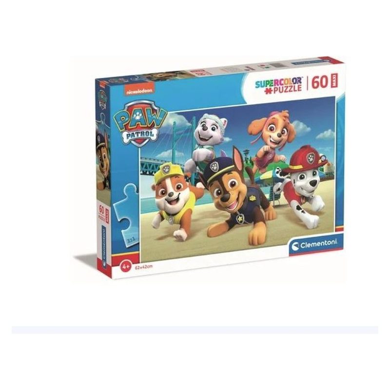 Confezione del puzzle Clementoni Supercolor Maxi 60 pezzi Paw Patrol con Chase, Rubble, Marshall, Everest e Skye, età 4+, formato 62x42 cm