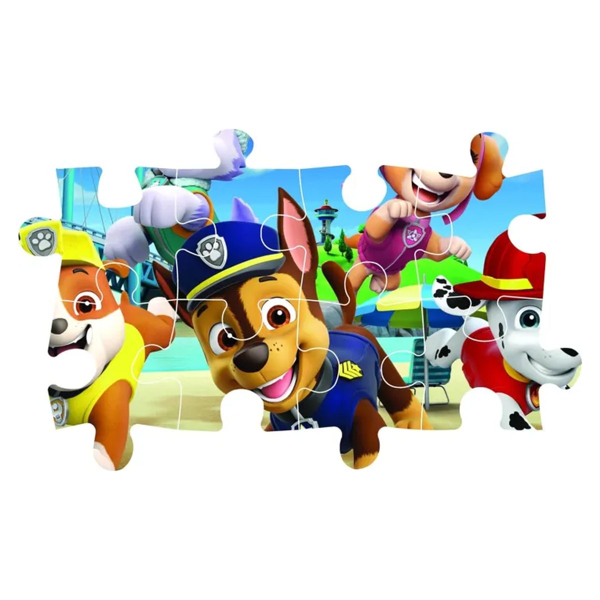 Immagine completa del puzzle Paw Patrol 60 pezzi maxi: i cuccioli corrono sul lungomare di Adventure Bay