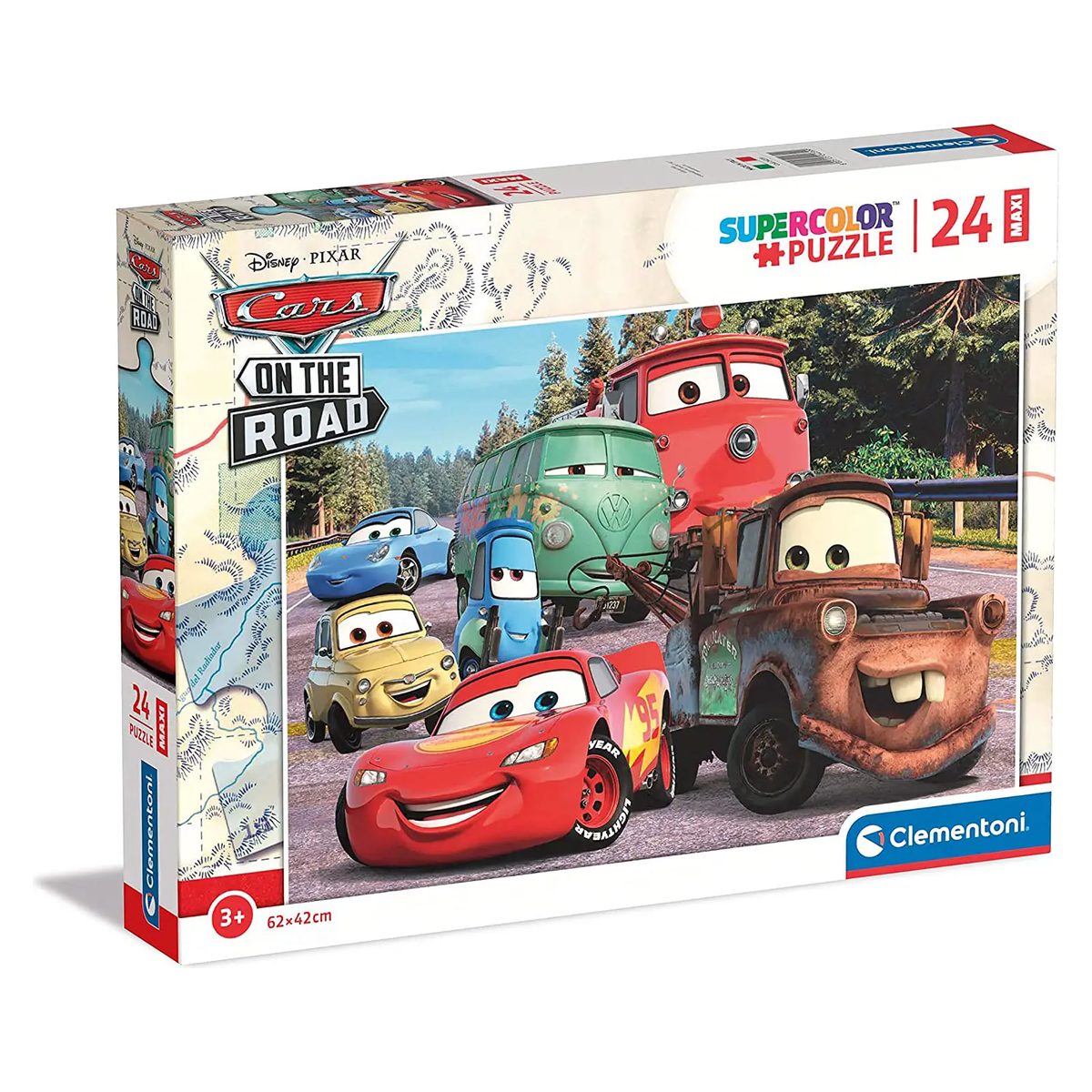 Confezione del puzzle Clementoni Supercolor Maxi 24 pezzi Disney Pixar Cars On The Road, età 3+, 62x42 cm