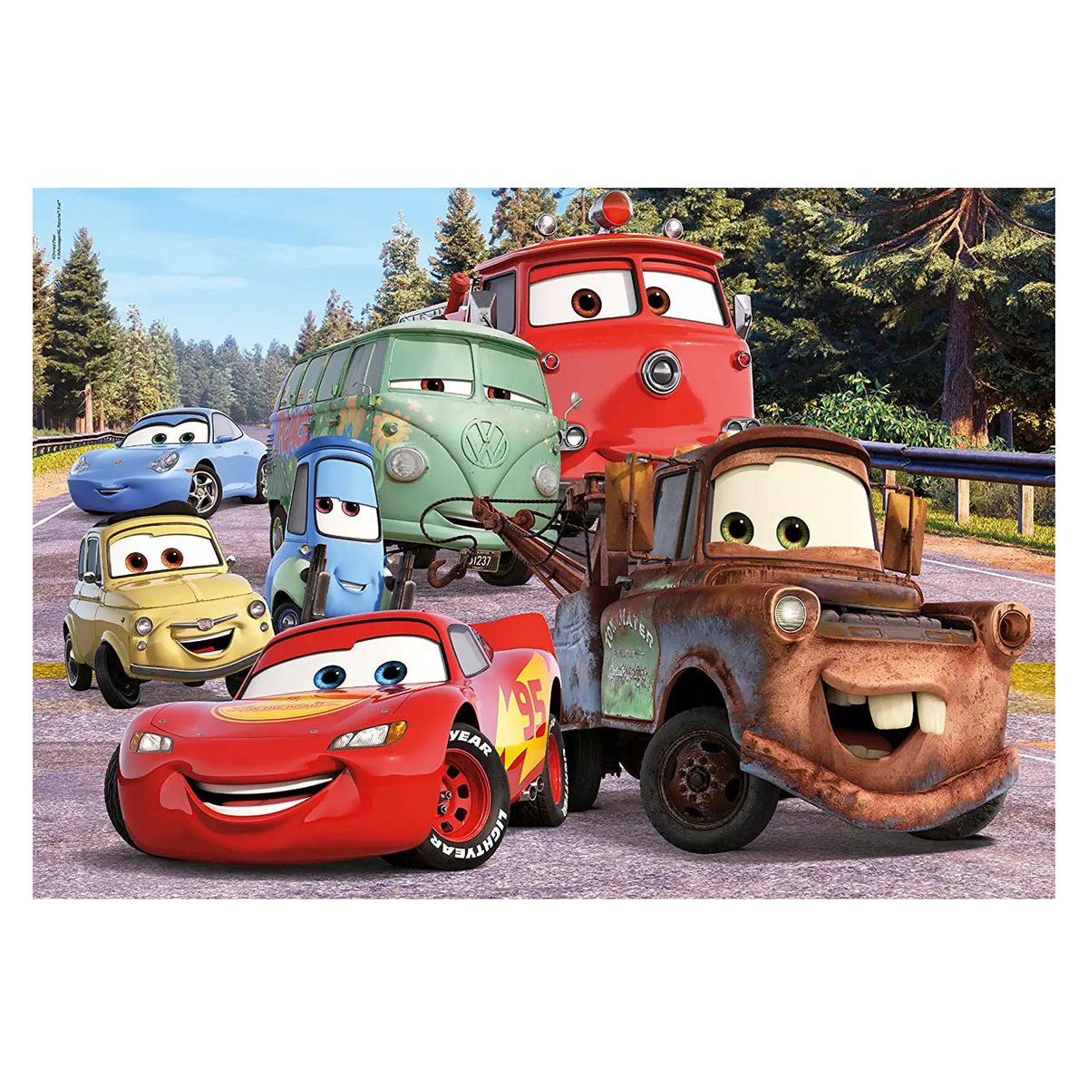 Immagine completa del puzzle Cars On The Road con Saetta McQueen, Cricchetto, Luigi, Guido, Sally e Red