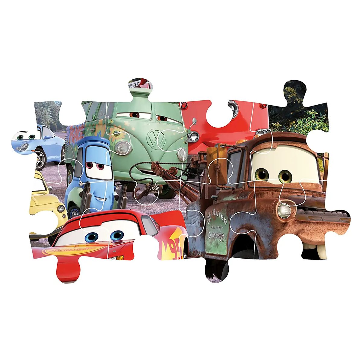 Dettaglio delle tessere maxi del puzzle Cars 24 pezzi parzialmente incastrate tra loro