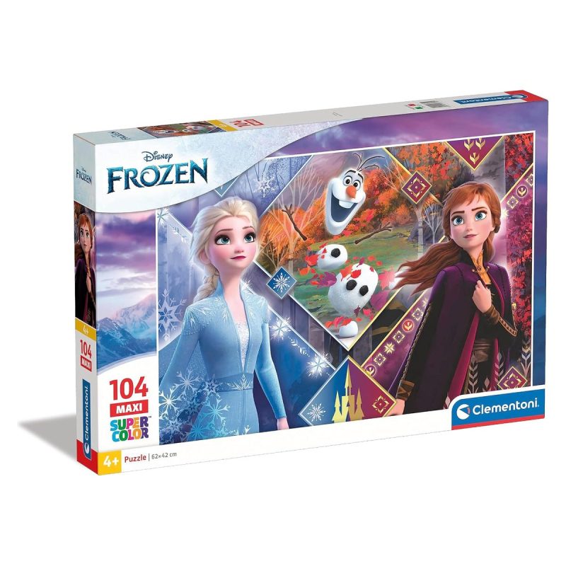 Confezione del puzzle Clementoni Supercolor Maxi 104 pezzi Disney Frozen con Elsa, Anna e Olaf, età 4+, formato 62x42 cm