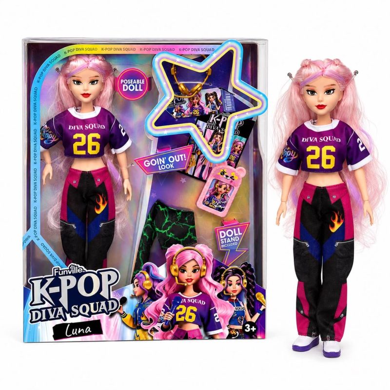 Bambola K-Pop Diva Squad Luna Funville snodabile 30 cm accanto alla confezione originale