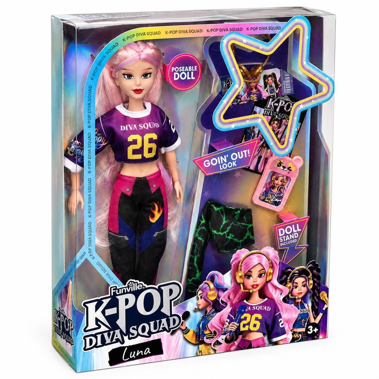 Confezione della bambola K-Pop Diva Squad Luna vista di tre quarti con secondo look e accessori inclusi