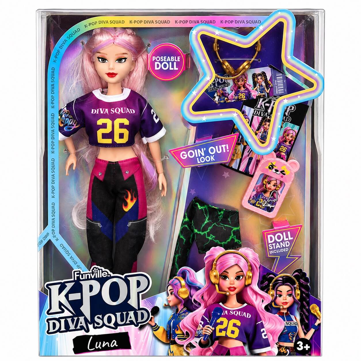 Confezione fronte della bambola K-Pop Diva Squad Luna con cuffie dorate, badge e supporto
