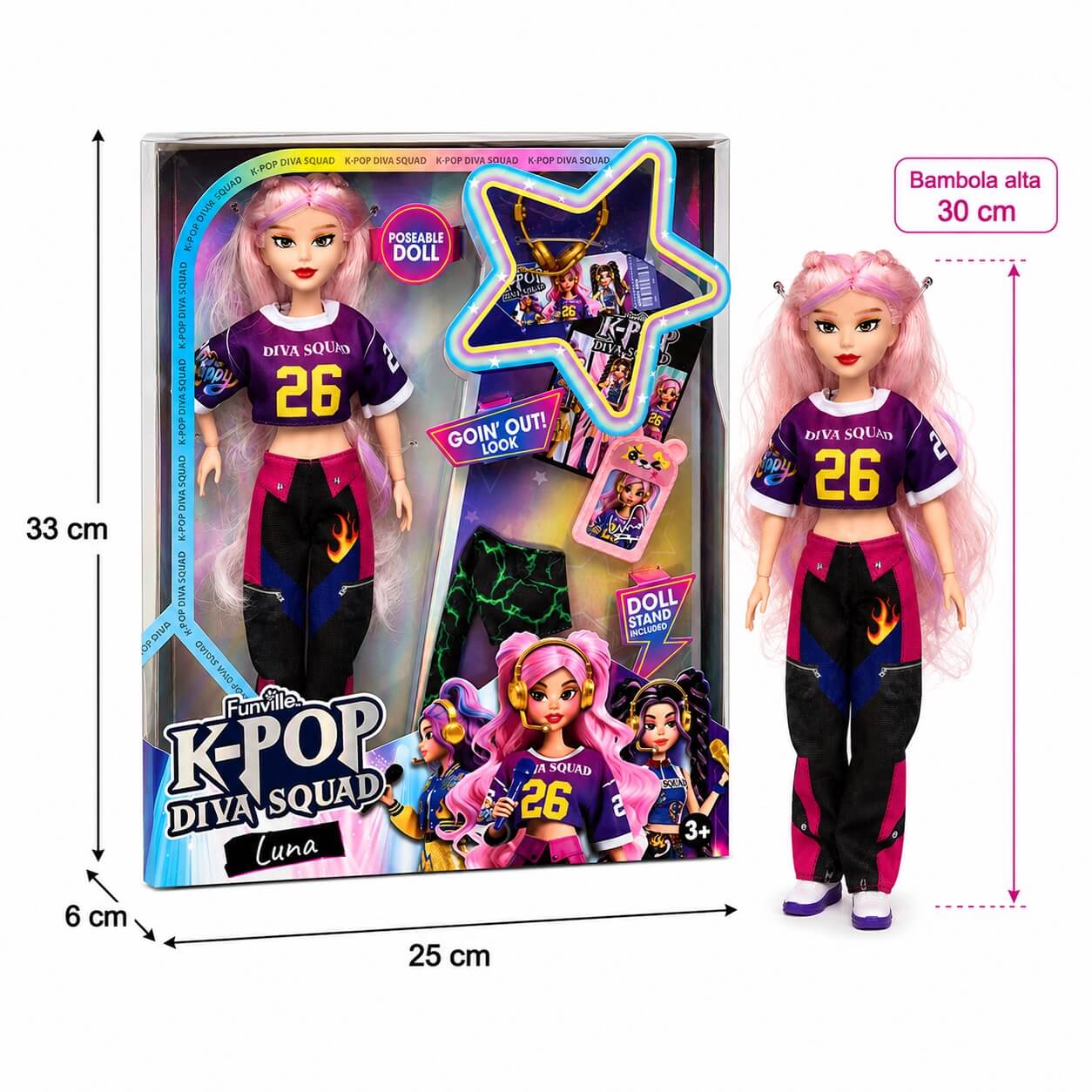 Misure della bambola K-Pop Diva Squad Luna: bambola alta 30 cm e confezione da 33 x 25 x 6 cm