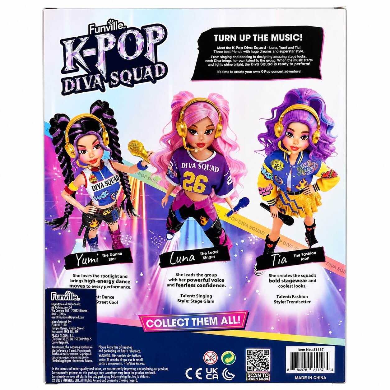 Retro della confezione K-Pop Diva Squad con i tre personaggi Yumi, Luna e Tia