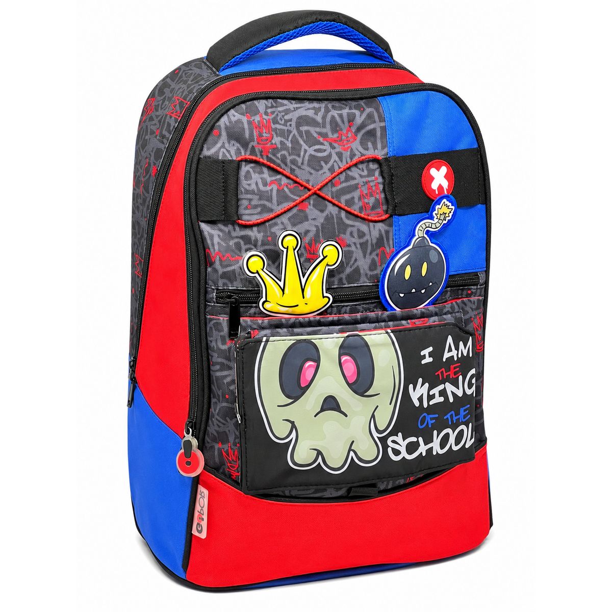 Zaino scuola GoPop Nightmare rosso blu e nero con pop girevole teschio verde e scritta I am the king of the school