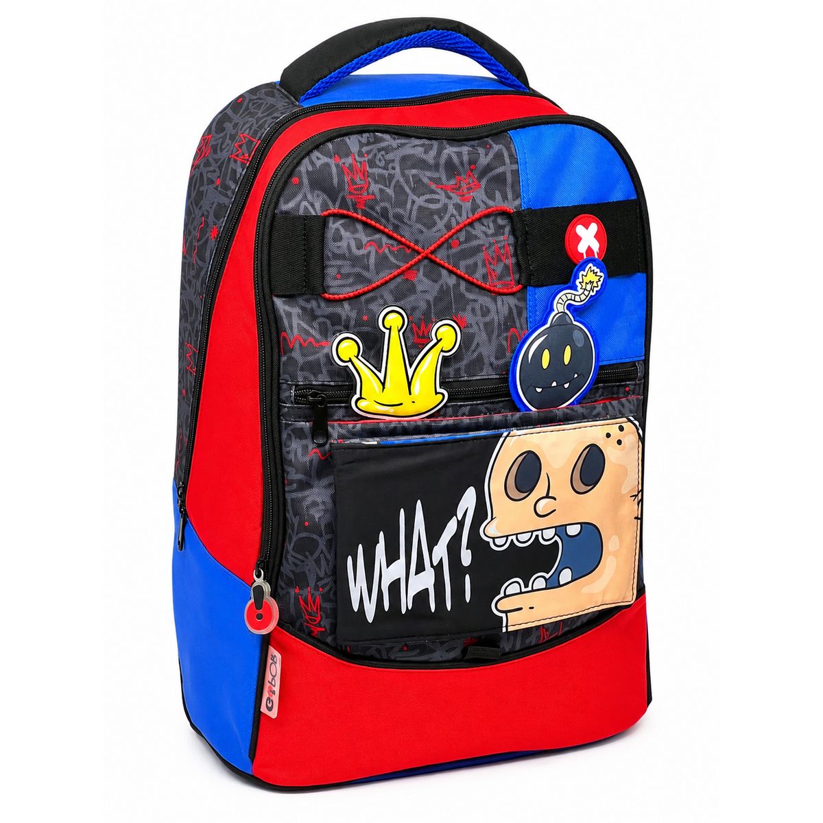 Zaino scuola GoPop Nightmare con pop girevole teschio beige e scritta What sulla tasca frontale