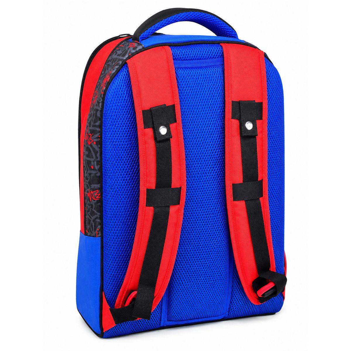 Retro dello zaino scuola GoPop Nightmare con schienale in rete traspirante blu e spallacci rossi imbottiti