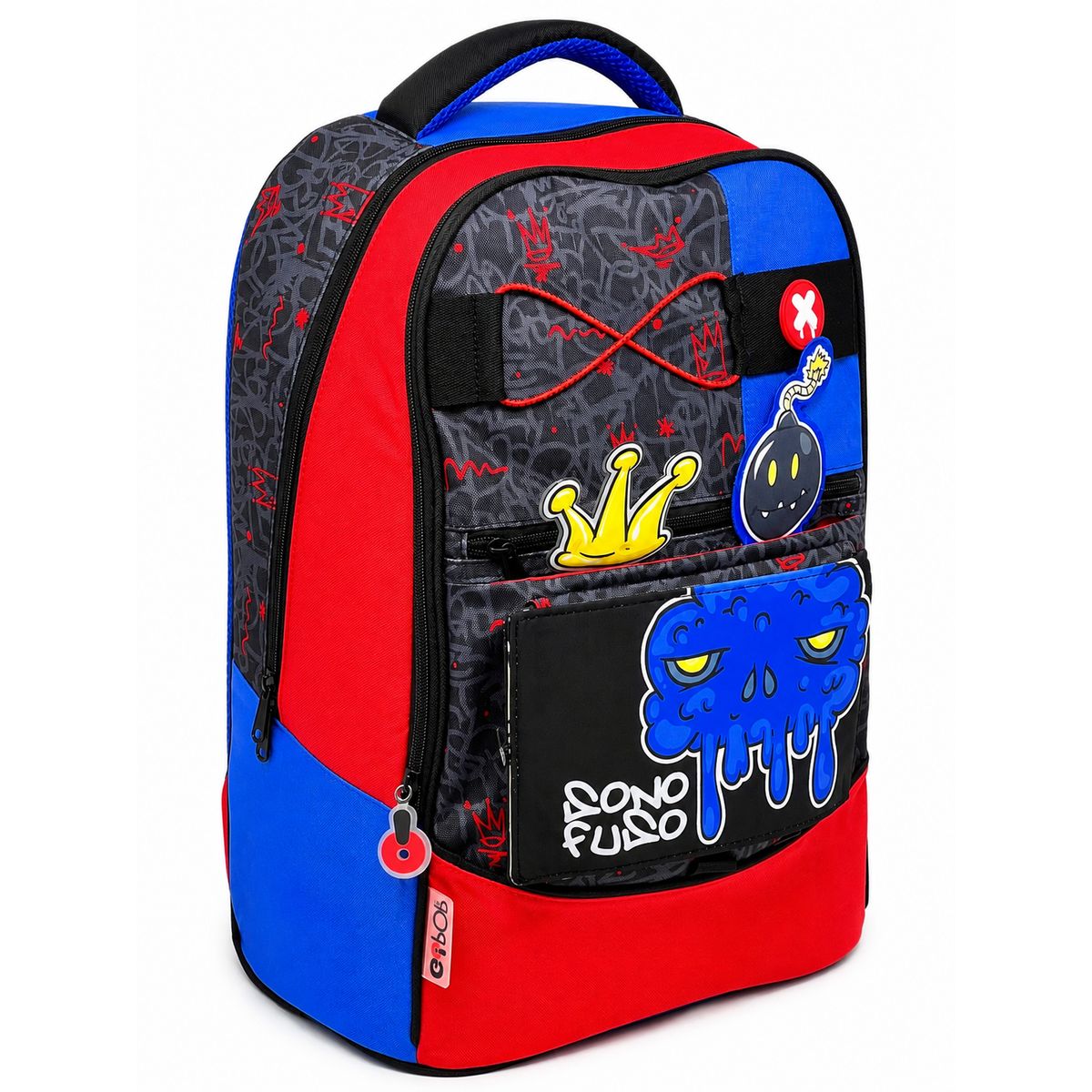 Zaino scuola GoPop Nightmare di tre quarti con corda elastica rossa e patch a forma di corona e bomba