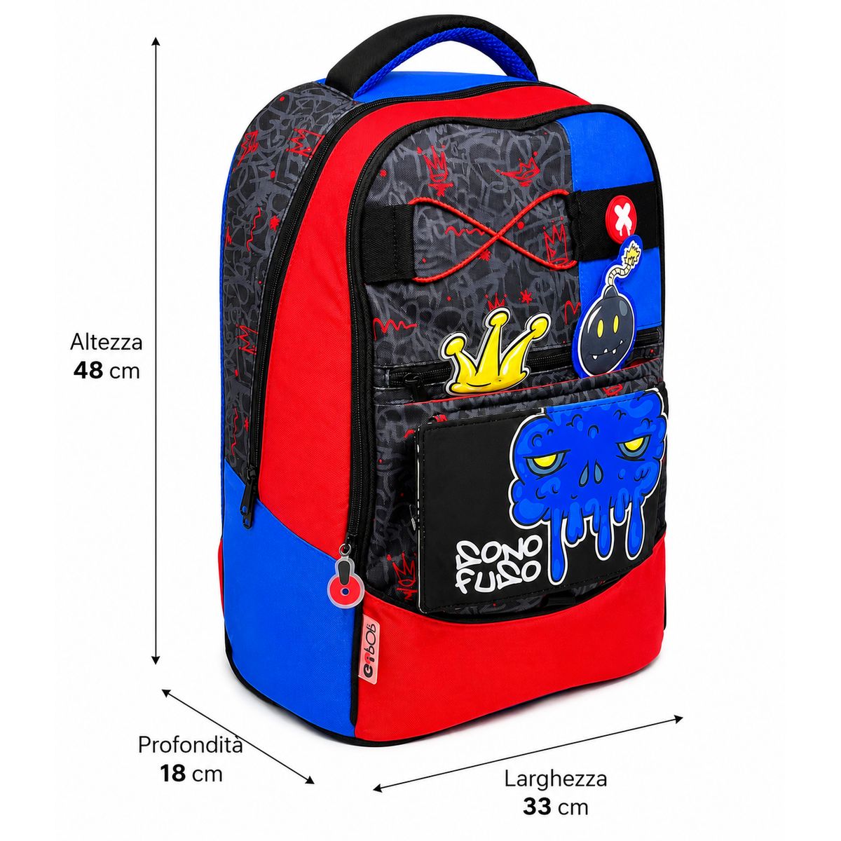 Misure dello zaino scuola GoPop Nightmare: altezza 48 cm, larghezza 33 cm e profondità 18 cm