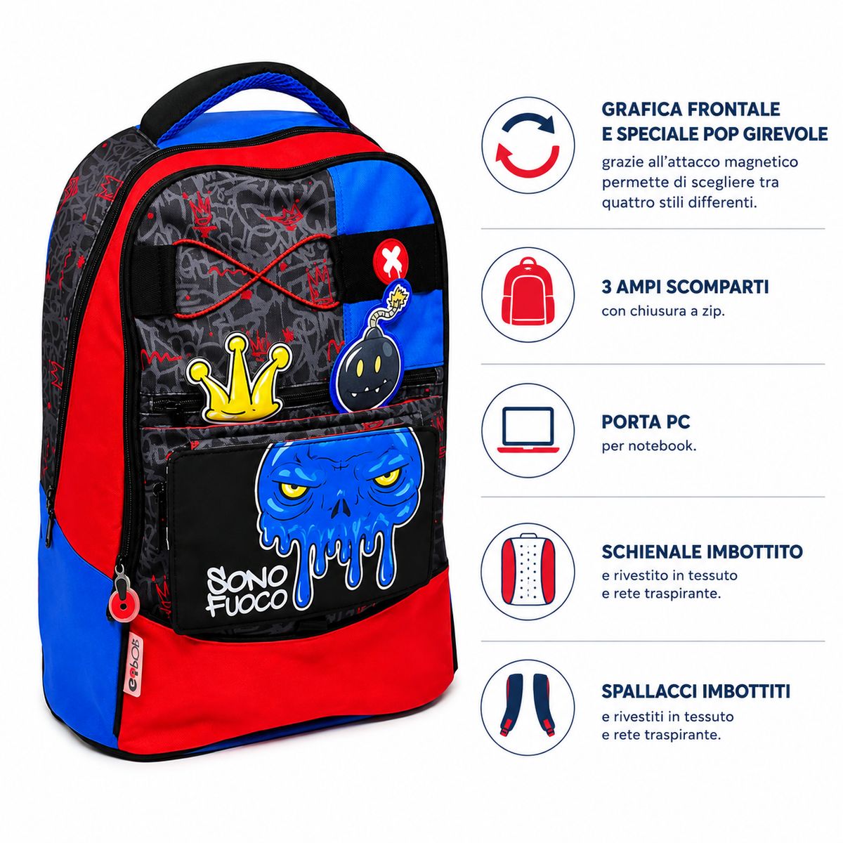 Caratteristiche dello zaino GoPop Nightmare: pop girevole magnetico, 3 scomparti, vano porta PC, schienale e spallacci imbottiti