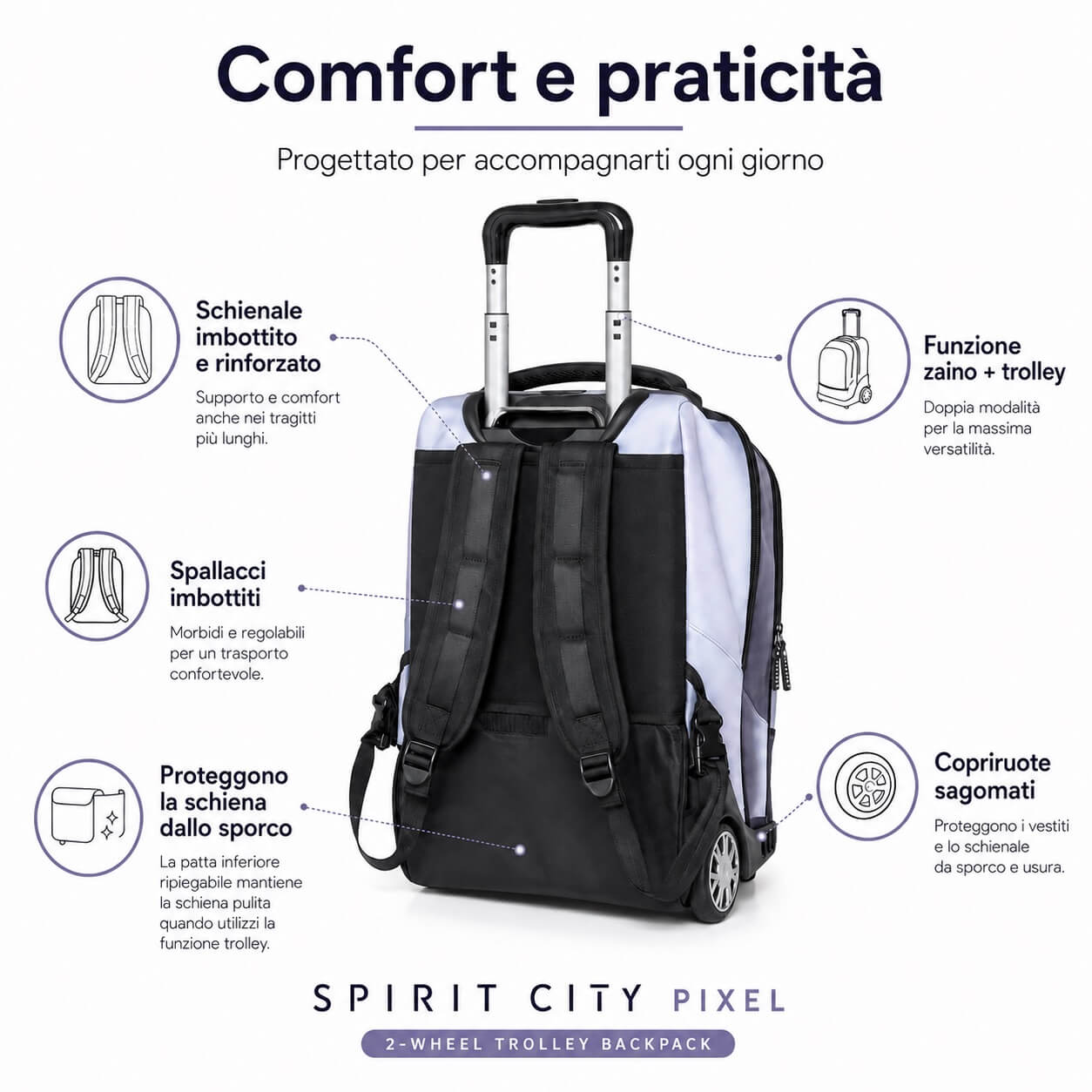 Trolley scuola 2 ruote Spirit City Hazy Grey grigio e nero visto di tre quarti con manico telescopico estratto 4