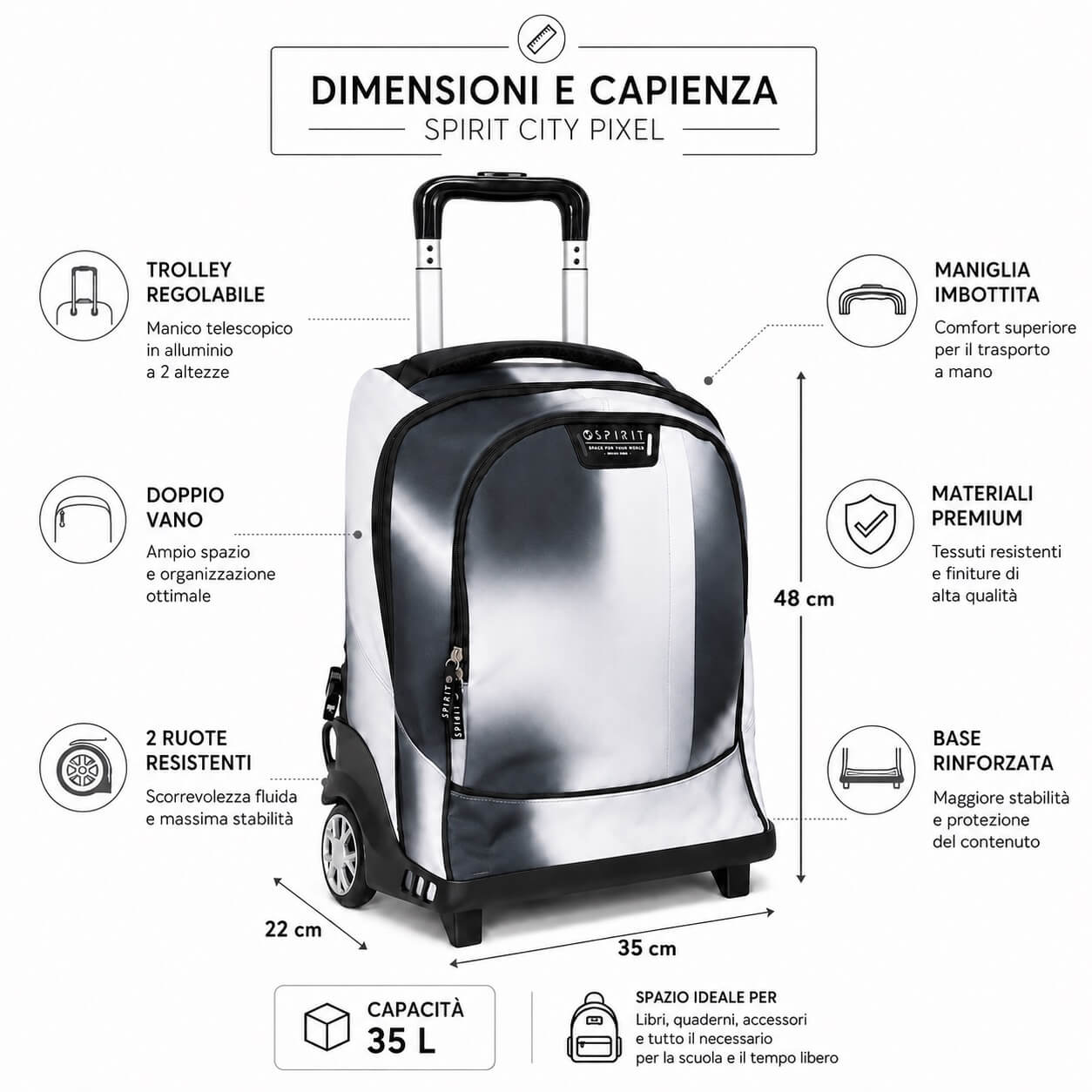 Trolley scuola 2 ruote Spirit City Hazy Grey grigio e nero visto di tre quarti con manico telescopico estratto 3