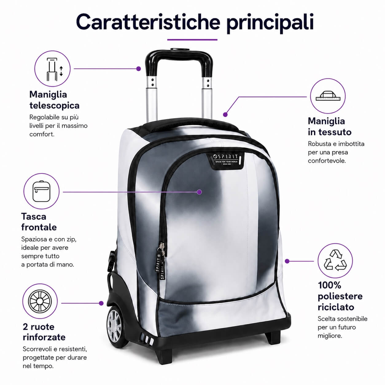 Trolley scuola 2 ruote Spirit City Hazy Grey grigio e nero visto di tre quarti con manico telescopico estratto 2