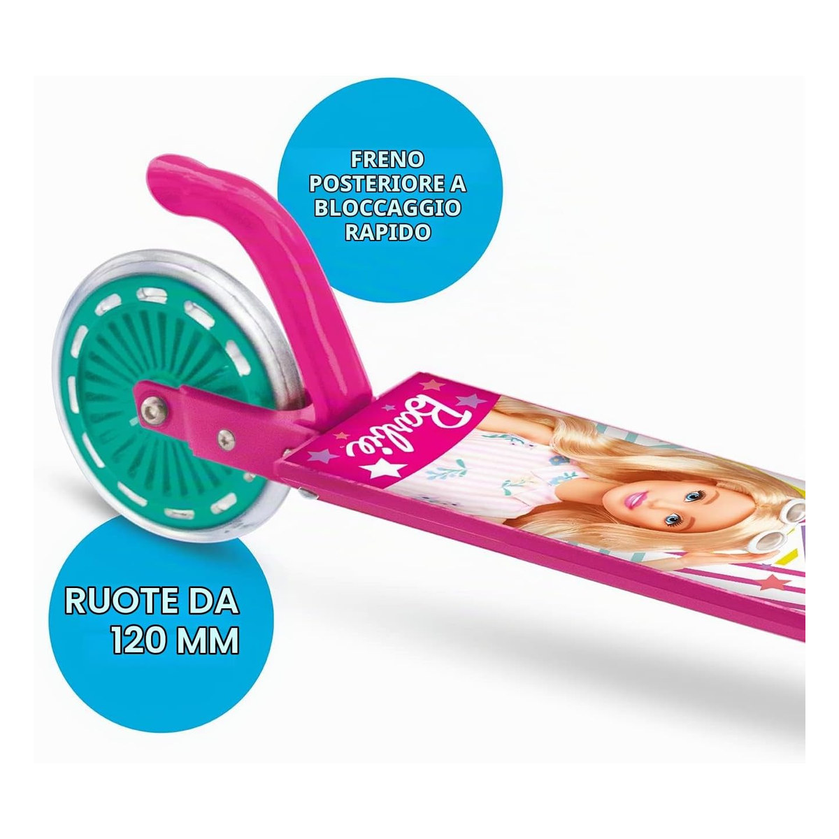 Primo piano della ruota posteriore verde con freno a bloccaggio rapido e dettaglio Barbie sulla pedana