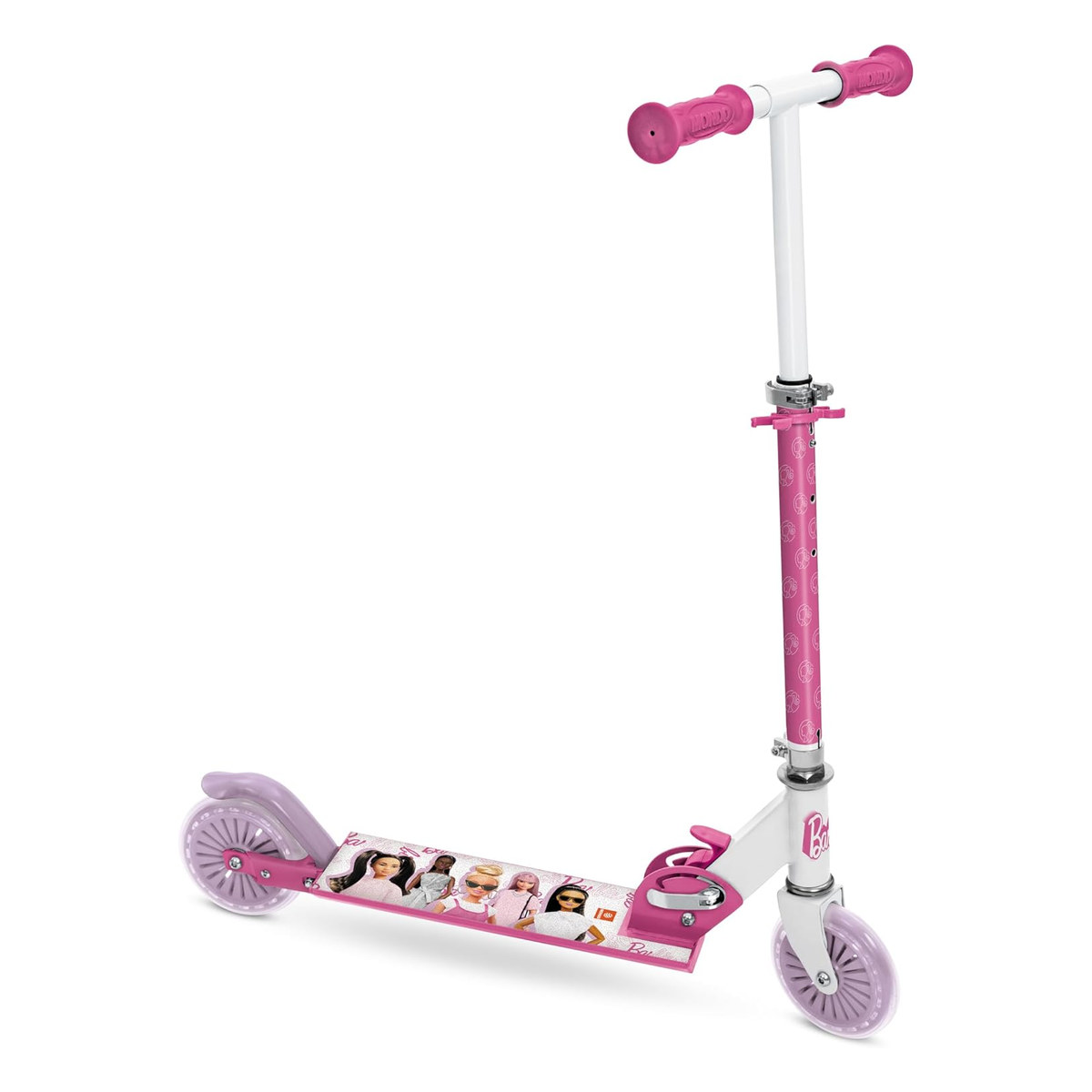 Monopattino ripiegato visto di lato con ruote lilla e pedana con le bambole Barbie stampate