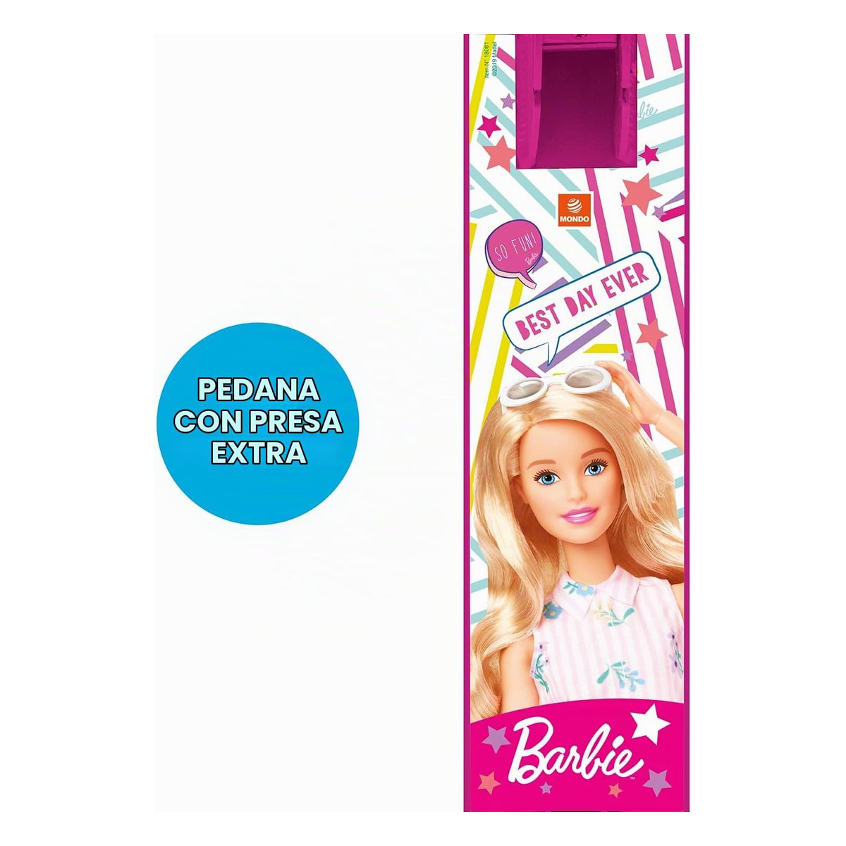 Dettaglio della confezione con l'apertura per il trasporto e l'illustrazione di Barbie con occhiali
