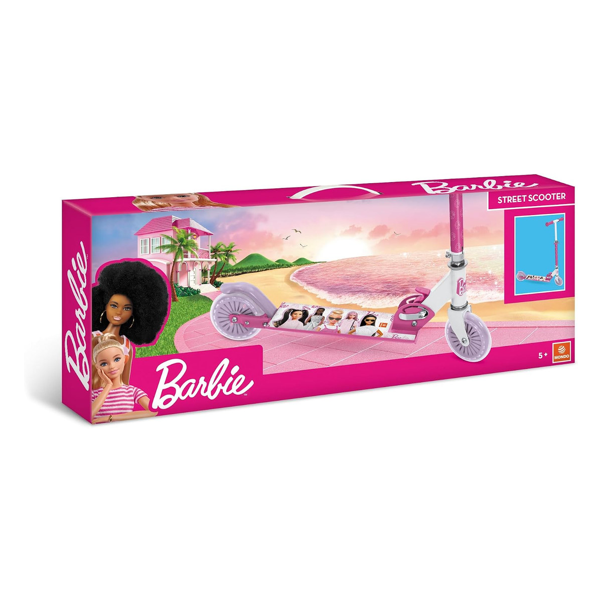 Confezione con la scritta Street Scooter, l'illustrazione della casa sulla spiaggia di Barbie e il logo Mondo