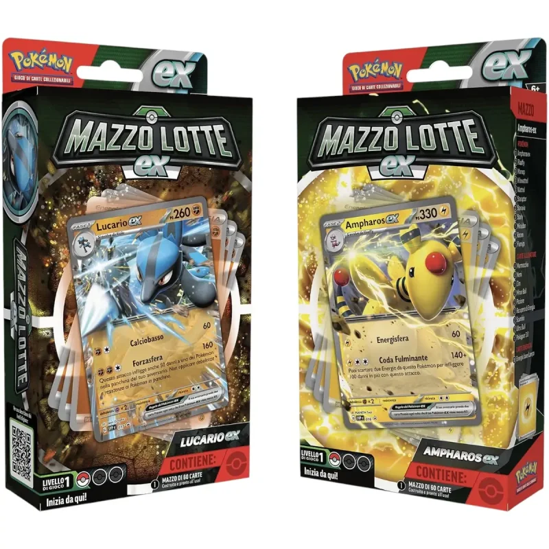 Confezioni Pokémon Mazzo Lotte ex Lucario-ex e Ampharos-ex in italiano, versioni assortite: vendita di una sola confezione casuale.
