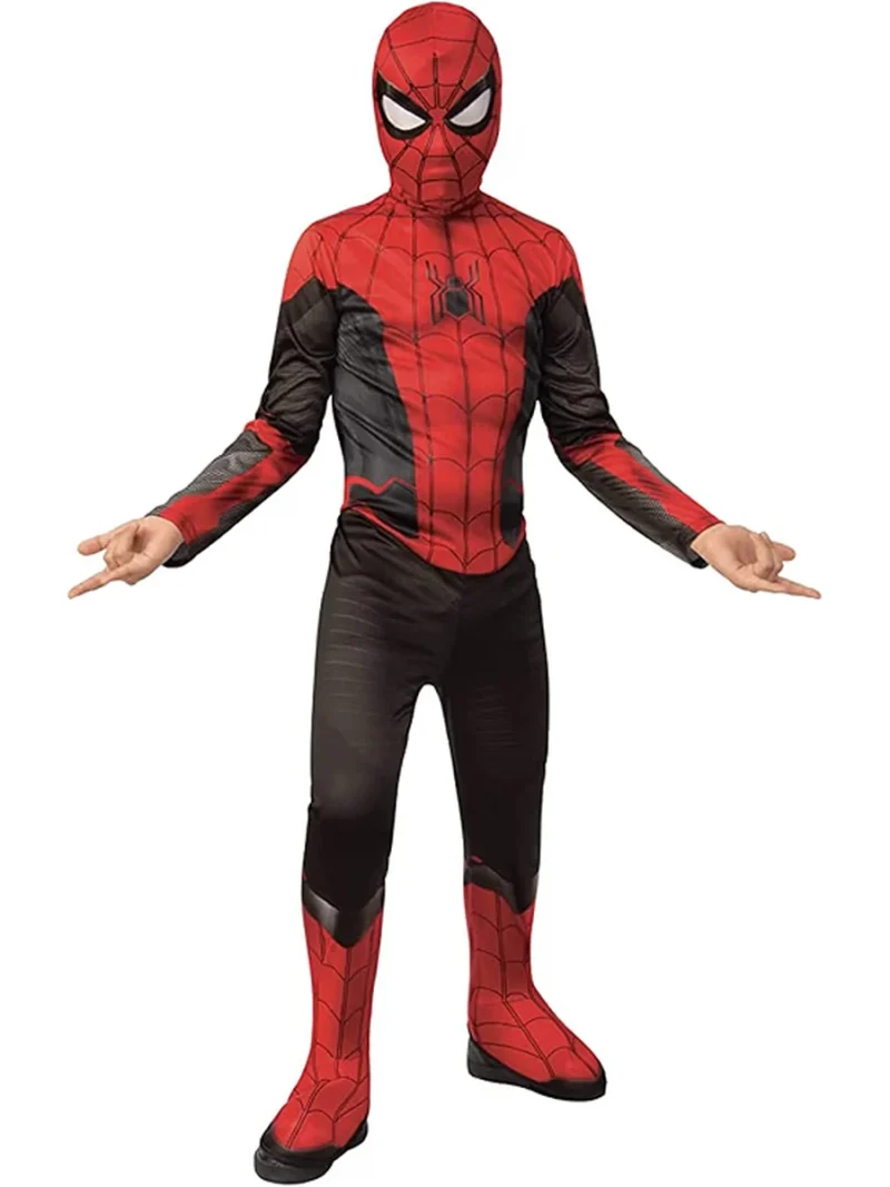 Costume Spider-Man No Way Home Classic per bambini con tuta nera e rossa, copriscarpe e maschera in tessuto.