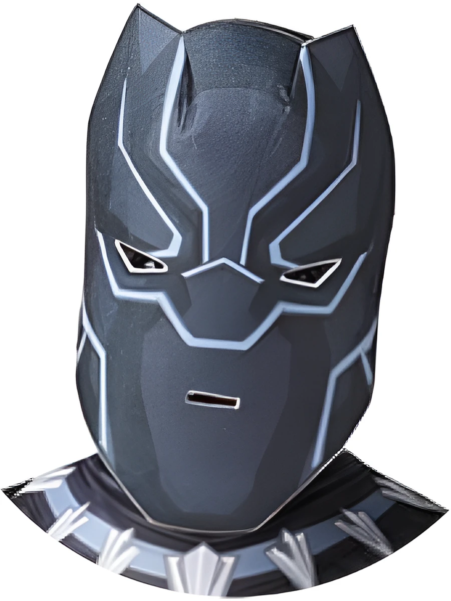 Primo piano della maschera Black Panther con dettagli grigi
