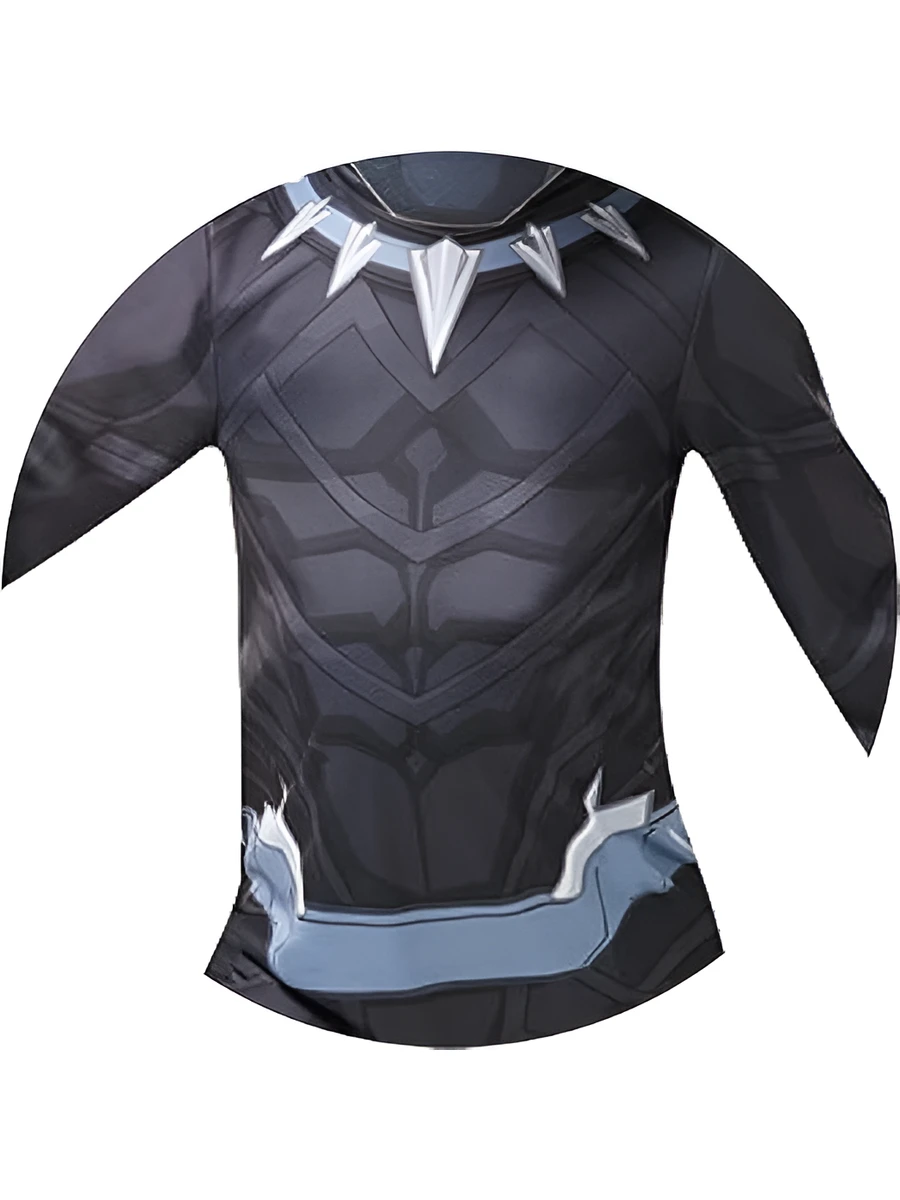 Dettaglio della stampa sul petto e sul colletto del costume Black Panther