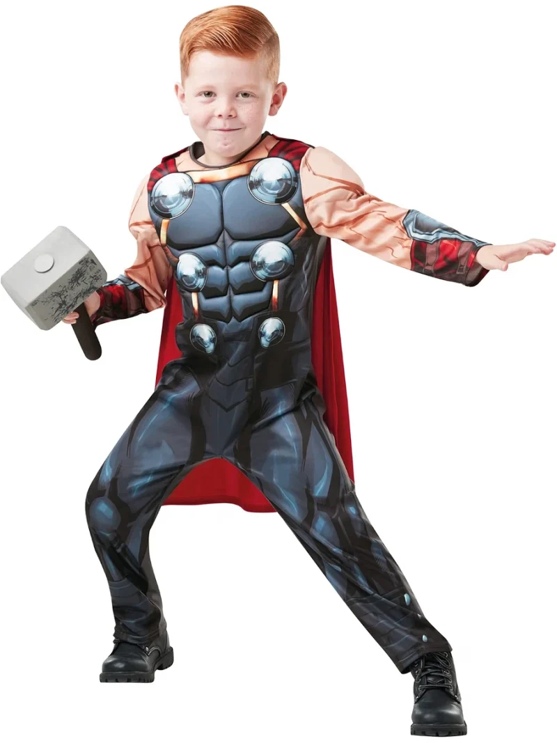 Bambino con costume Thor Deluxe, tuta con muscoli imbottiti, mantello rosso e martello