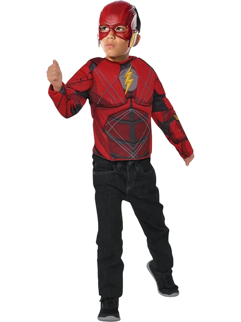 Bambino con parte superiore imbottita del costume The Flash e maschera, pantaloni personali
