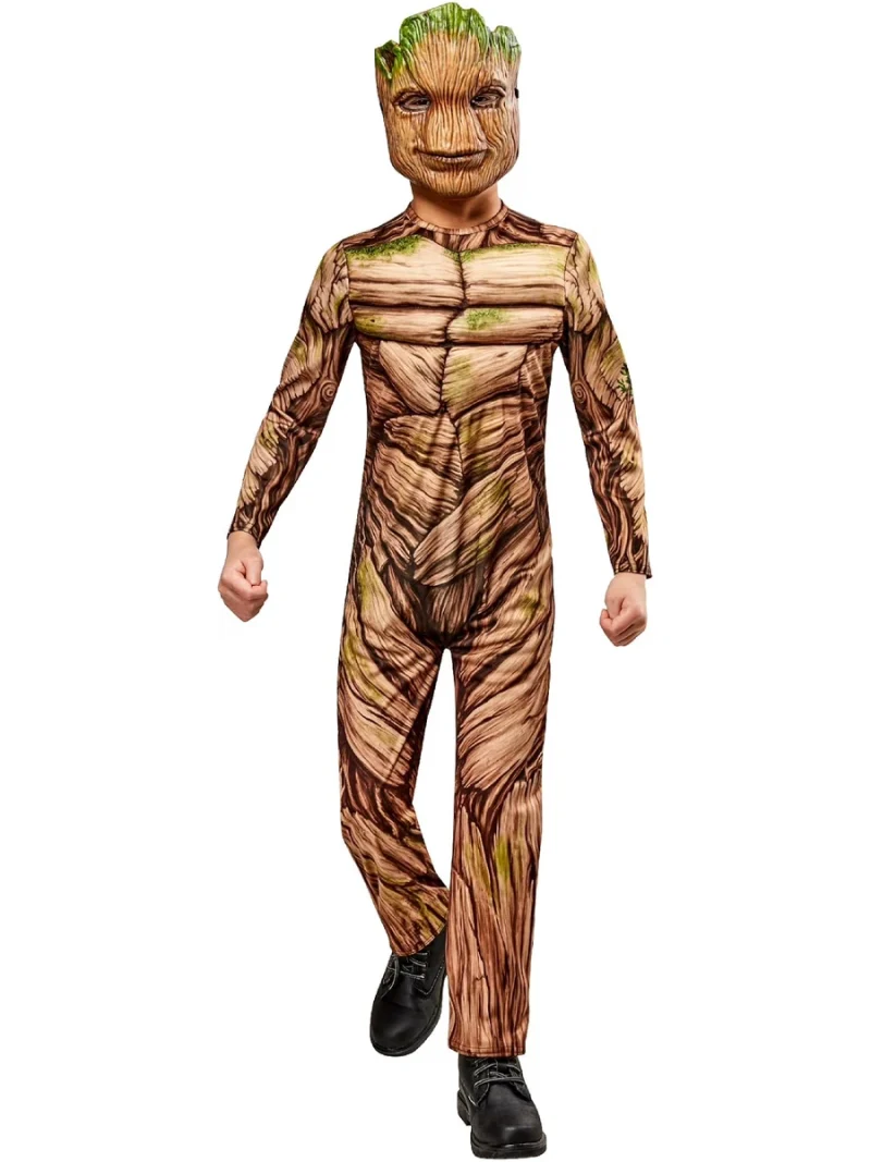 Bambino con costume Groot Deluxe, tuta effetto legno con petto muscoloso imbottito e mezza maschera