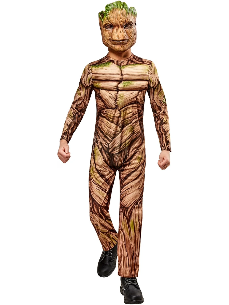 Bambino con costume Groot Deluxe, tuta effetto legno con petto muscoloso imbottito e mezza maschera