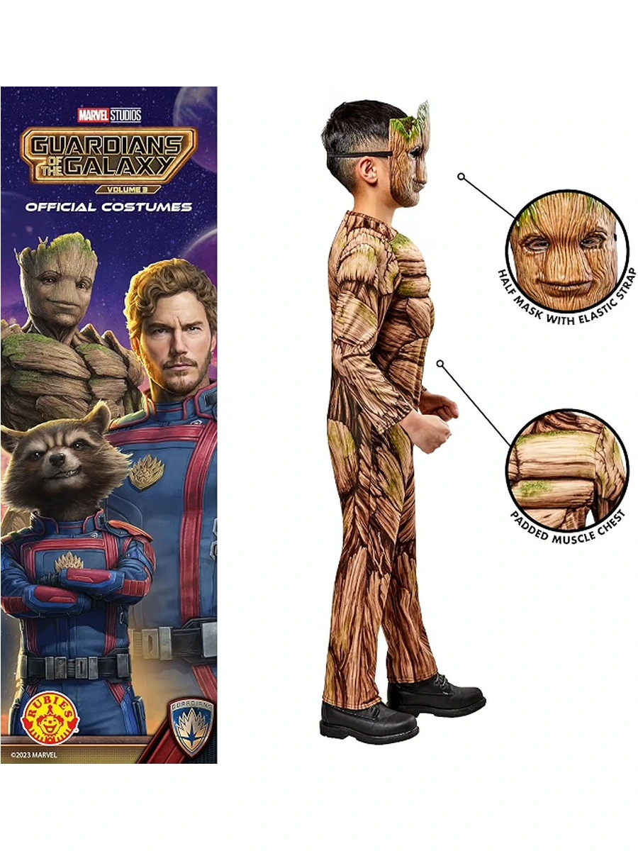 Vista laterale del costume Groot con dettaglio del petto imbottito e della maschera con elastico