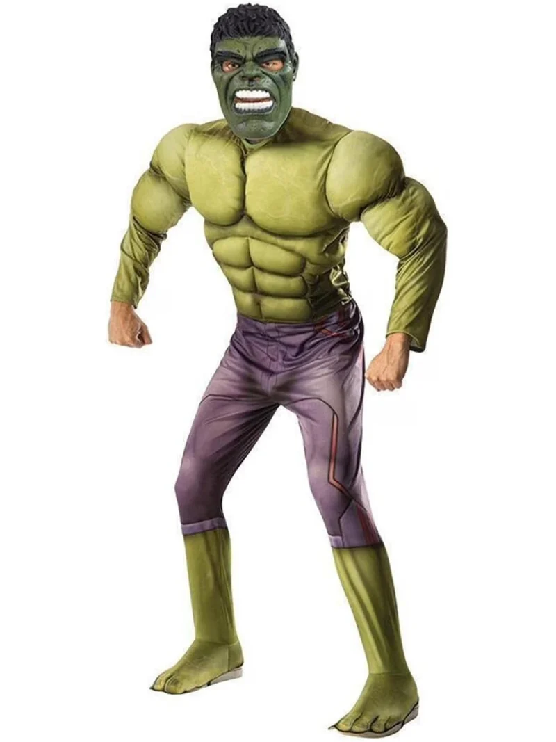 Costume Hulk da adulto con tuta verde e viola, muscoli imbottiti e maschera