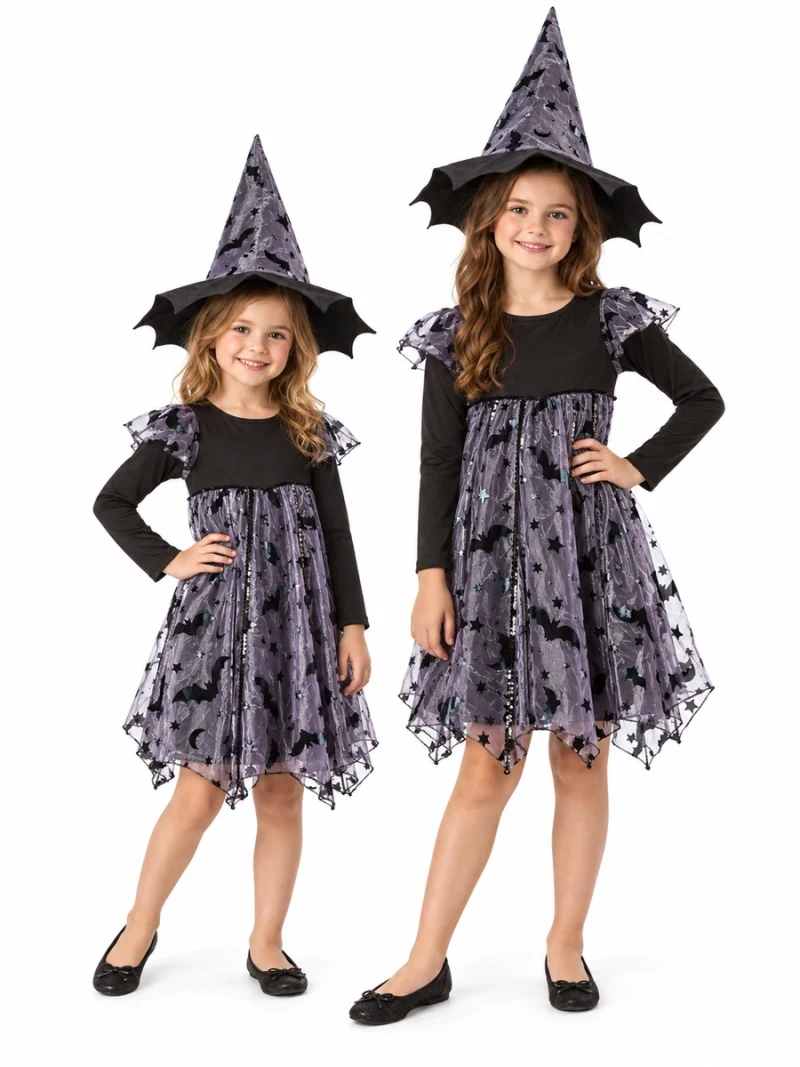 Due bambine nelle taglie M e L indossano il costume Strega Batty con cappello a punta e abito decorato da pipistrelli.