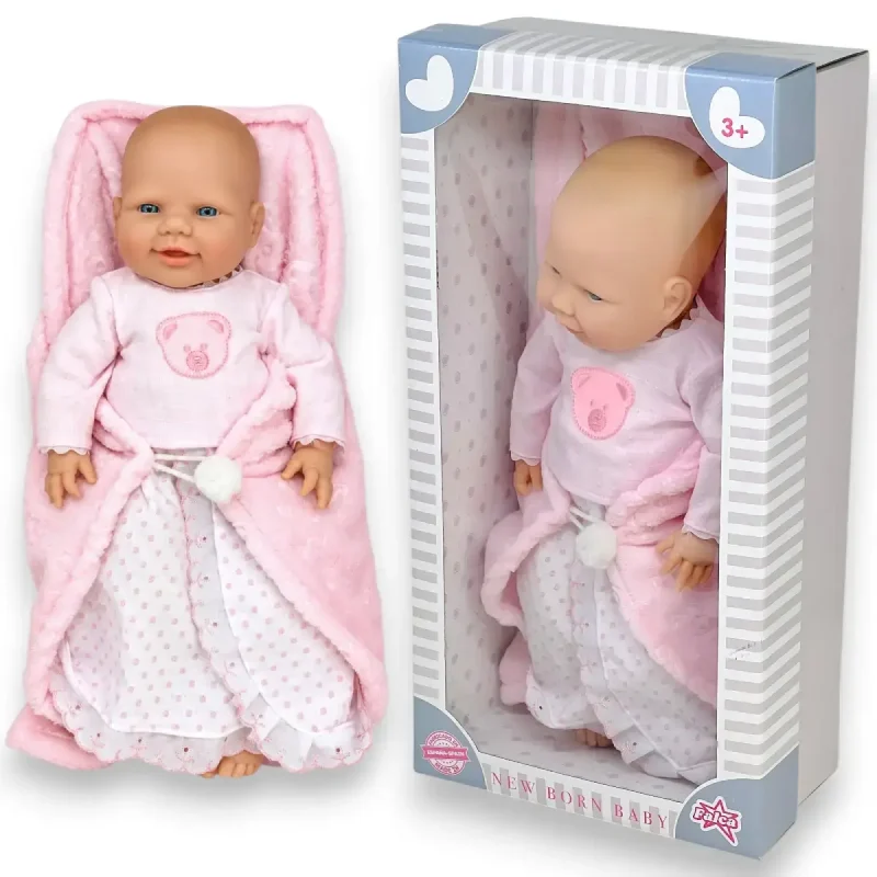 Bambolotto in piedi femmina rosa accanto alla sua confezione originale chiusa, vista d'insieme frontale